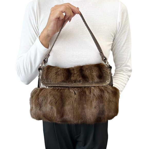 FENDI Vintage Logo Chef Mink Faux Fur Shoulder Bag Handbag Python Brown [106352] - Picture 2 of 12
